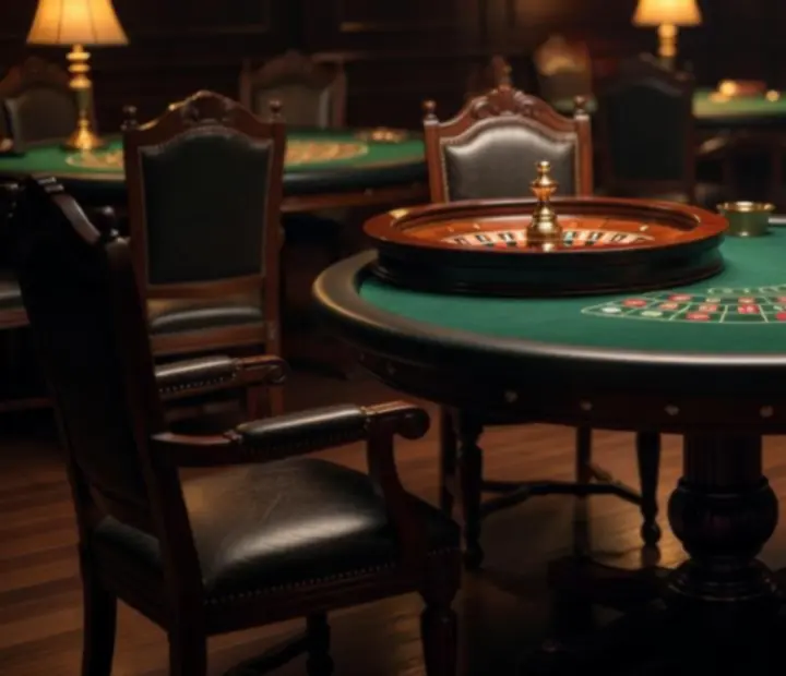 Ambiance feutrée d'un salon de jeux offline avec table de roulette et lumière dorée